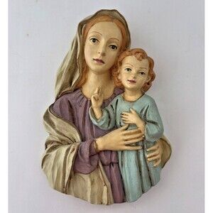 Vintage Chalkware Plaque Madonna Child Virgin Mary Jesus Religious Catholic